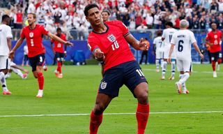 Jude Bellingham celebrates his teammate Harry Kane's goal during the FIFA World Cup 2026 Group L match between Panama and England.