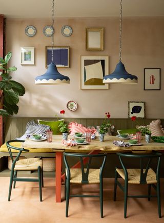 colorful kitchen with scallop pendant light