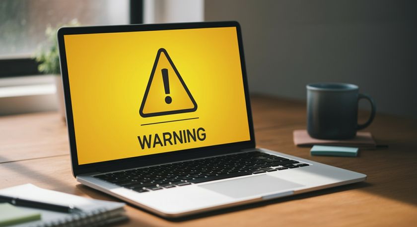  laptop with warning symbol on desk