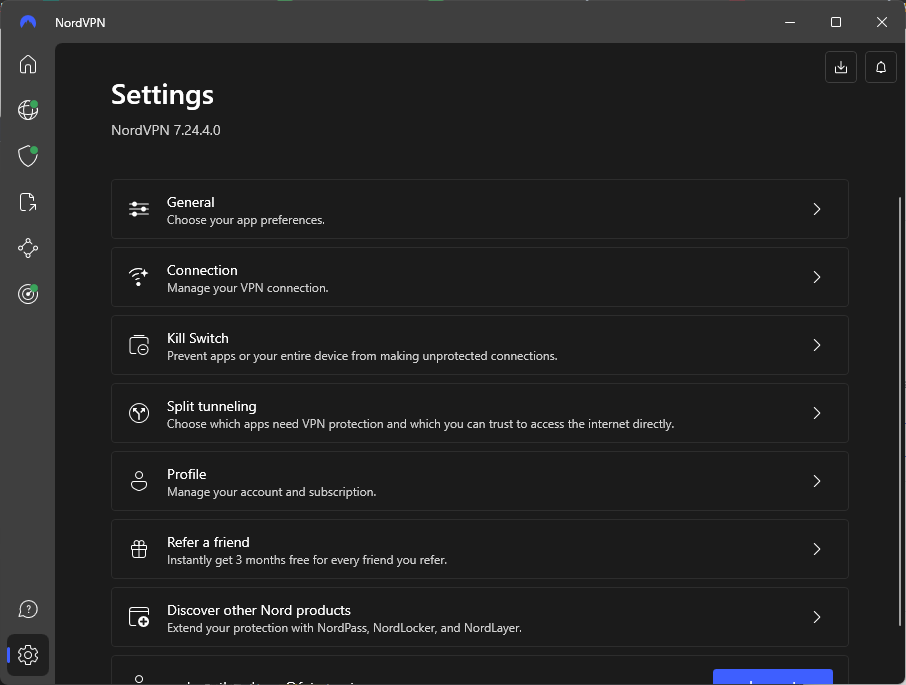 NordVPN Windows VPN app screenshot of settings menu
