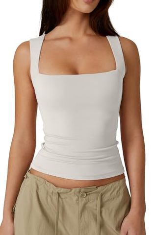 Qinsen Womens Tank Top Sleeveless Square Neck Casual Basic Fitted T- Shirts White S