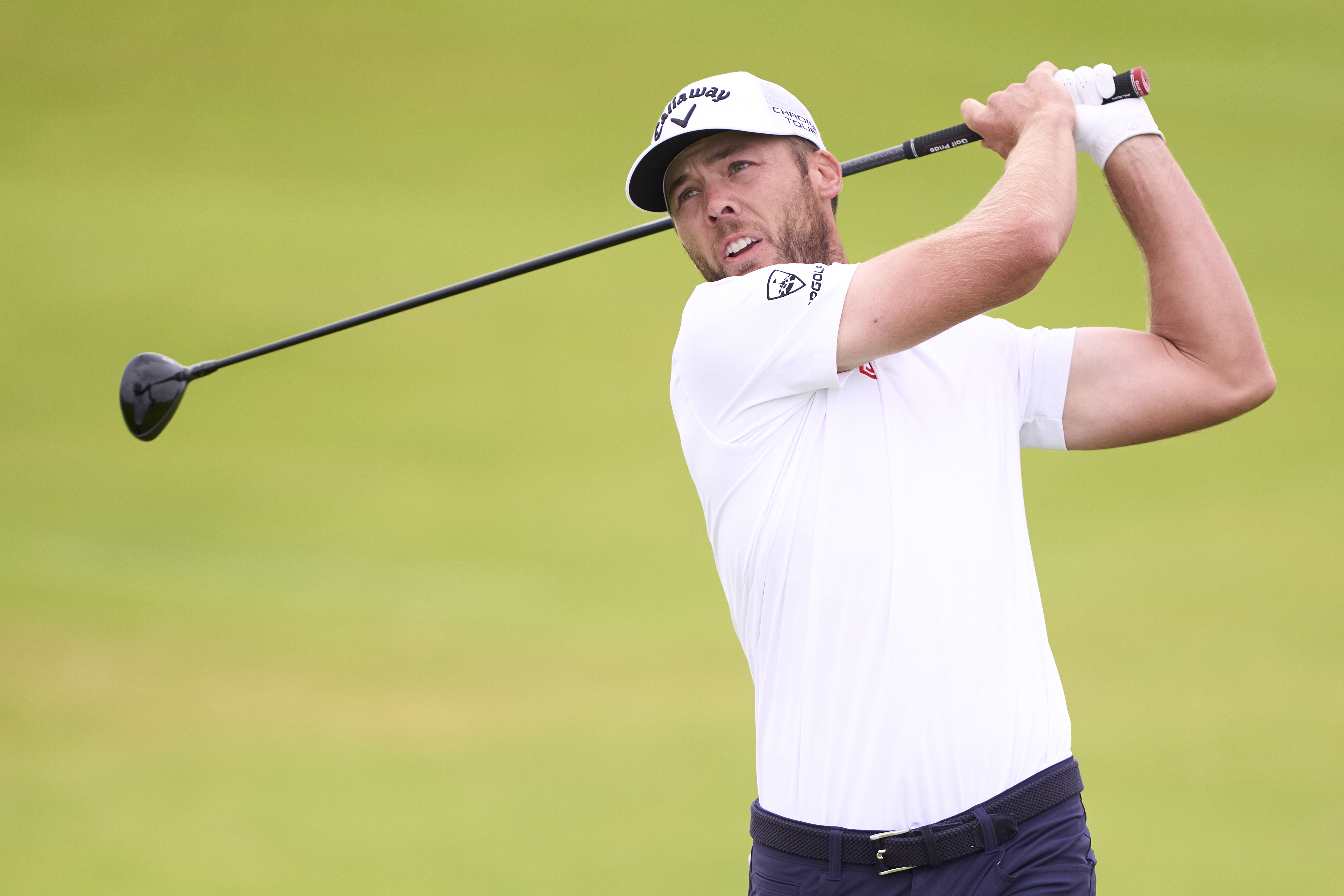Sam Burns plays his second shot on the second hole during day three of The 153rd Open Championship at Royal Portrush Golf Club