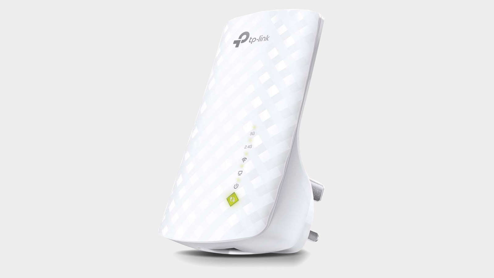 Image of the TP Link RE220  Wi-Fi range extender on a grey background.