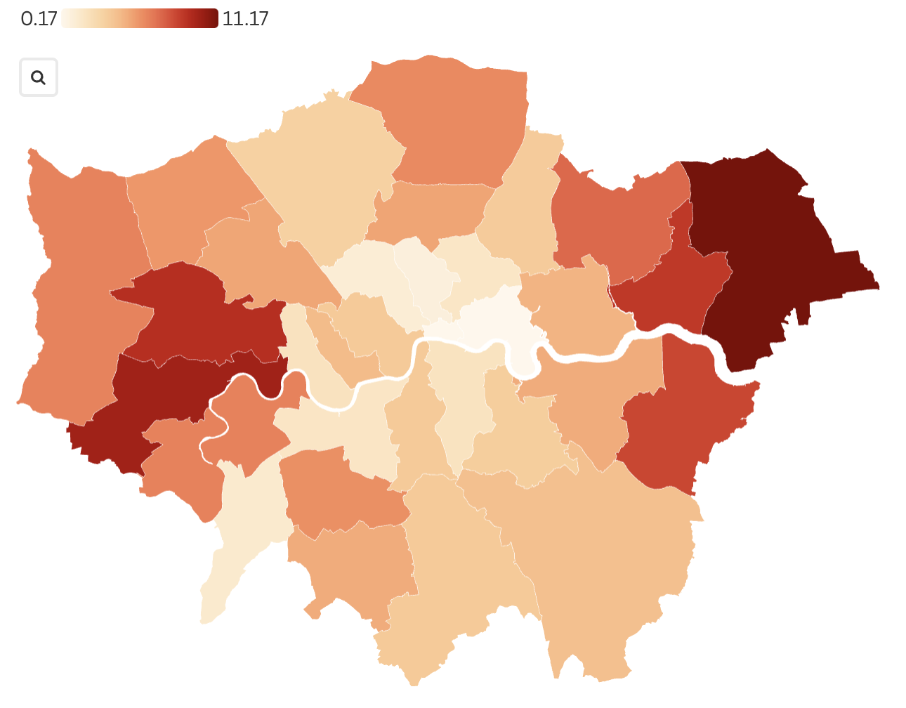 an image of a simple colour blocked map showing London boroughs shaded from dark red (most at risk) to light red / orange (least at risk)