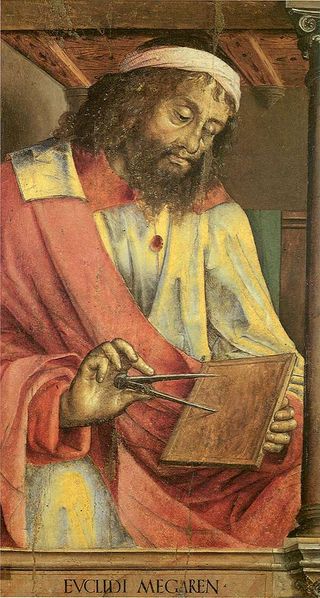painting of a bearded man in a robe using a geometry tool
