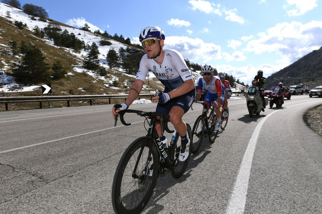 PRATI DI TIVO ITALY MARCH 13 Mads Wurtz Schmidt of Denmark and Team Israel StartUp Nation Benjamin Thomas of France and Team Groupama FDJ Mattia Bais of Italy and Team Androni Giocattoli Sidermec during the 56th TirrenoAdriatico 2021 Stage 4 a 148km stage from Terni to Prati di Tivo 1450m Passo Capannelle 1298m Breakaway Snow Mountains TirrenoAdriatico on March 13 2021 in Prati di Tivo Italy Photo by Tim de WaeleGetty Images