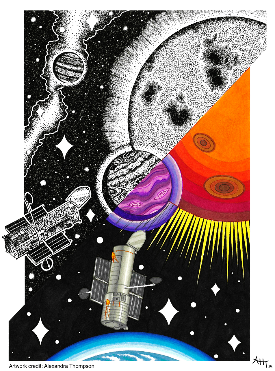 two cylindrical spacecraft pointed at a black-and-white striped orb in space, floating close to a larger orange orb