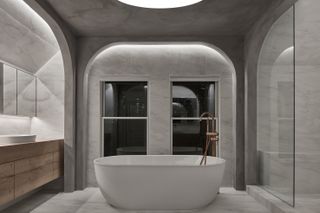 A bathroom with recessed lighting