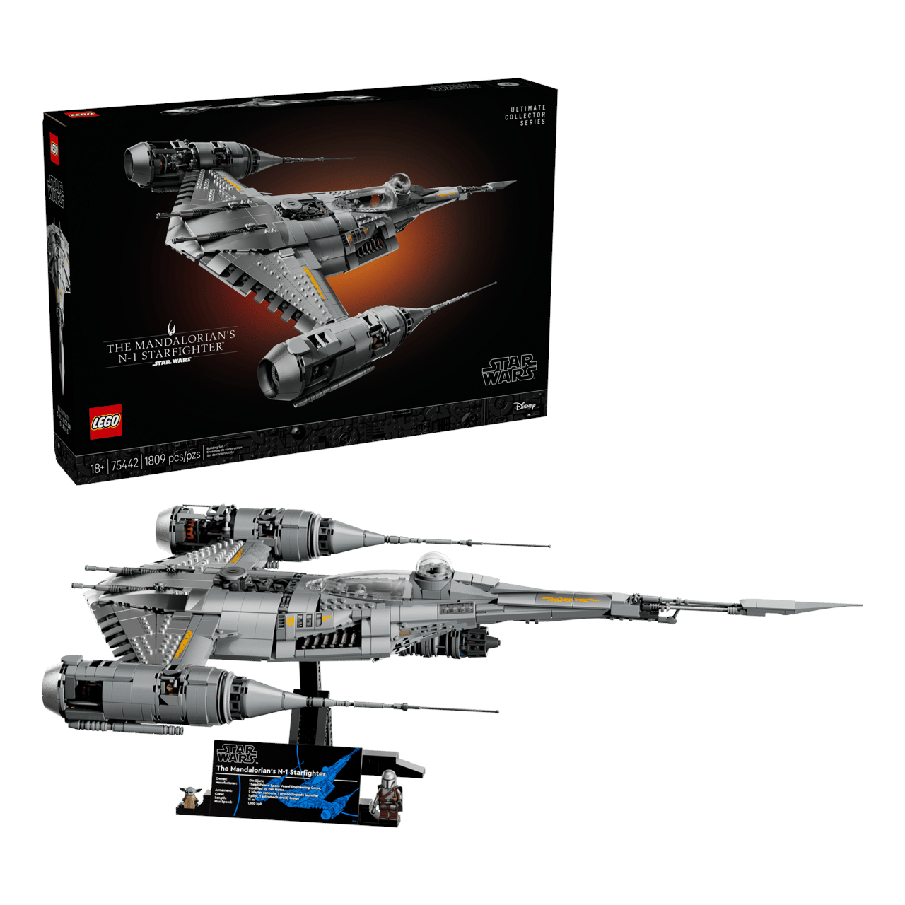 Lego The Mandalorian's N1 Starfighter and box on a plain background