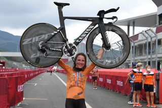 Netherlands Annemiek Van Vleuten celebrates after winning the womens cycling road individual time trial during the Tokyo 2020 Olympic Games at the Fuji International Speedway in Oyama Japan on July 28 2021 Photo by Greg Baker AFP Photo by GREG BAKERAFP via Getty Images
