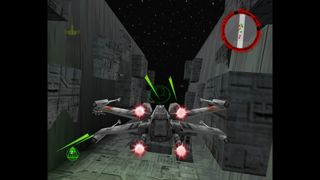 An X-Wing flies through a Death Star trench
