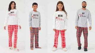 Woman smiling wearing a 'Mrs Claus' white long sleeve Christmas pyjama top and red and white tartan christmas trousers and white slippers. Young boy smiling at the camera wearing a grey 'Master Claus' christmas top and green and red christmas pyjama bottoms. Young girl smiling at the camera wearing a ‘mini clause’ white long sleeve christmas pyjama top and red and white pyjama bottoms and white slippers. Man wearing ‘Mr Claus’ long sleeve grey top and red and green christmas pyjama bottoms