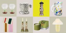 collage of homewares including colorful glassware, speckled cup, striped pepper mill, colorful towel, loewe candle, butter yellow lamp