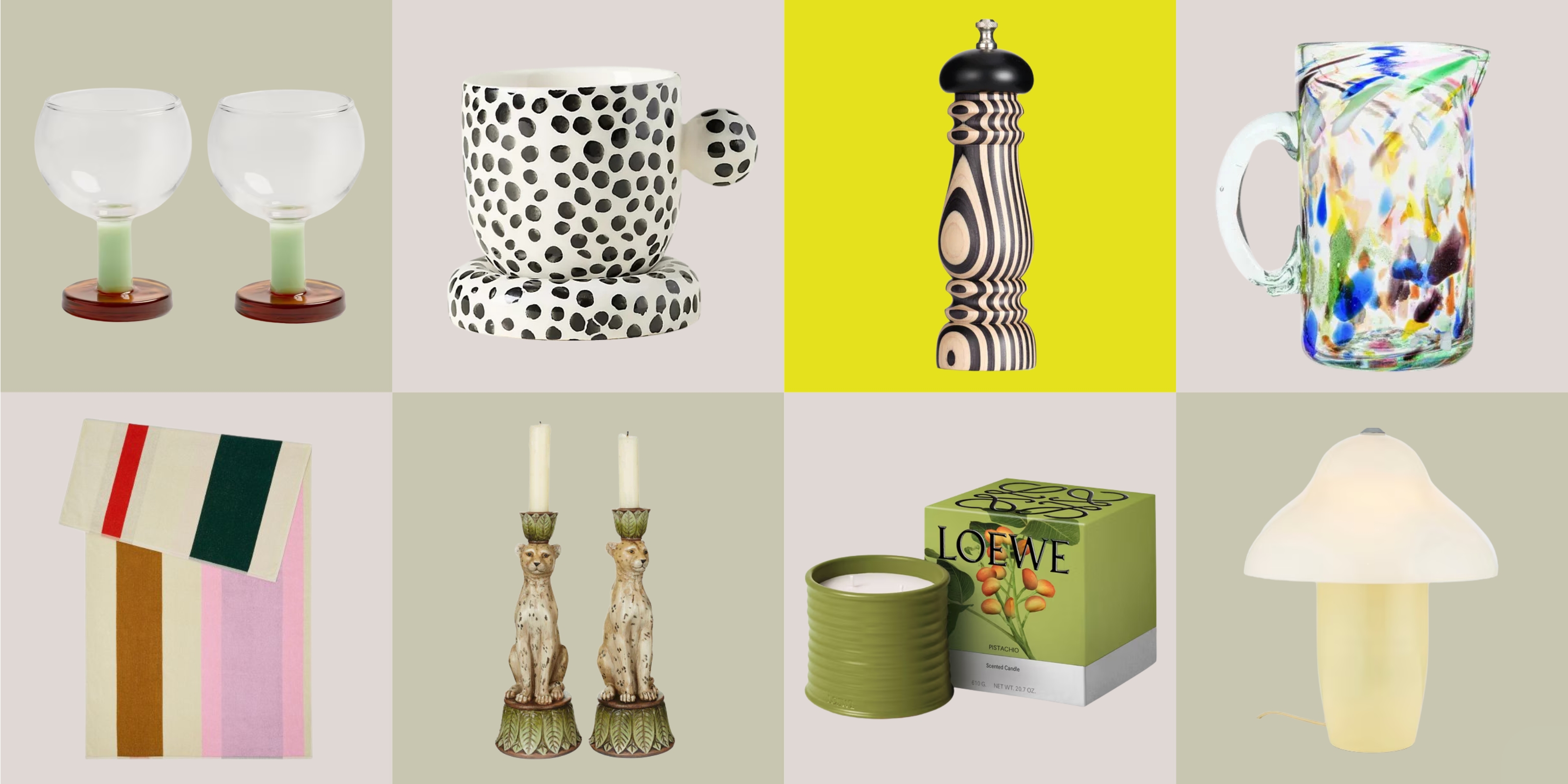 collage of homewares including colorful glassware, speckled cup, striped pepper mill, colorful towel, loewe candle, butter yellow lamp