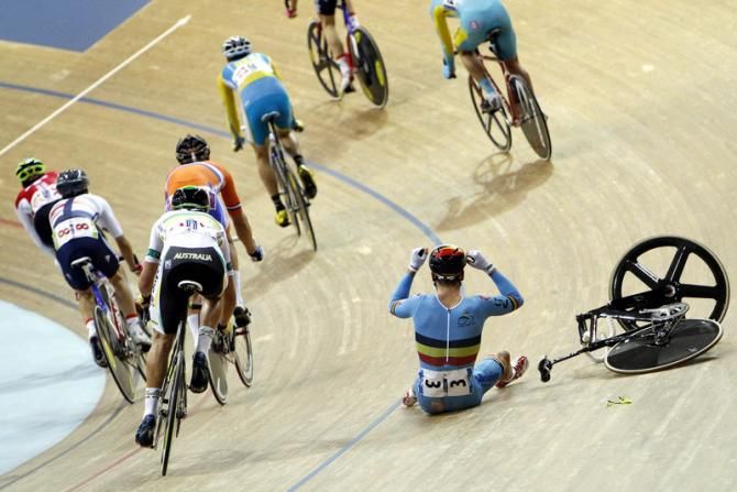Kenny de Ketele (Belgium) takes a tumble during the madison