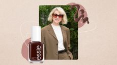 Naomi Watts is pictured with a wavy bob hairstyle and wearing an olive green blazer, a white t-shirt and large sunglasses at the Tod's fashion show during the Milan Womenswear Spring/Summer 2026 on September 26, 2025 in Milan, Italy/ in a beige template alongside a product shot of essie's Odd Squad nail polish (which is a dark, coffee brown), and a brown nail polish spill.
