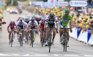 Matthew Goss (Orica - GreenEdge) and Peter Sagan (Liquigas - Cannondale) sprint for points, but Sagan is not happy
