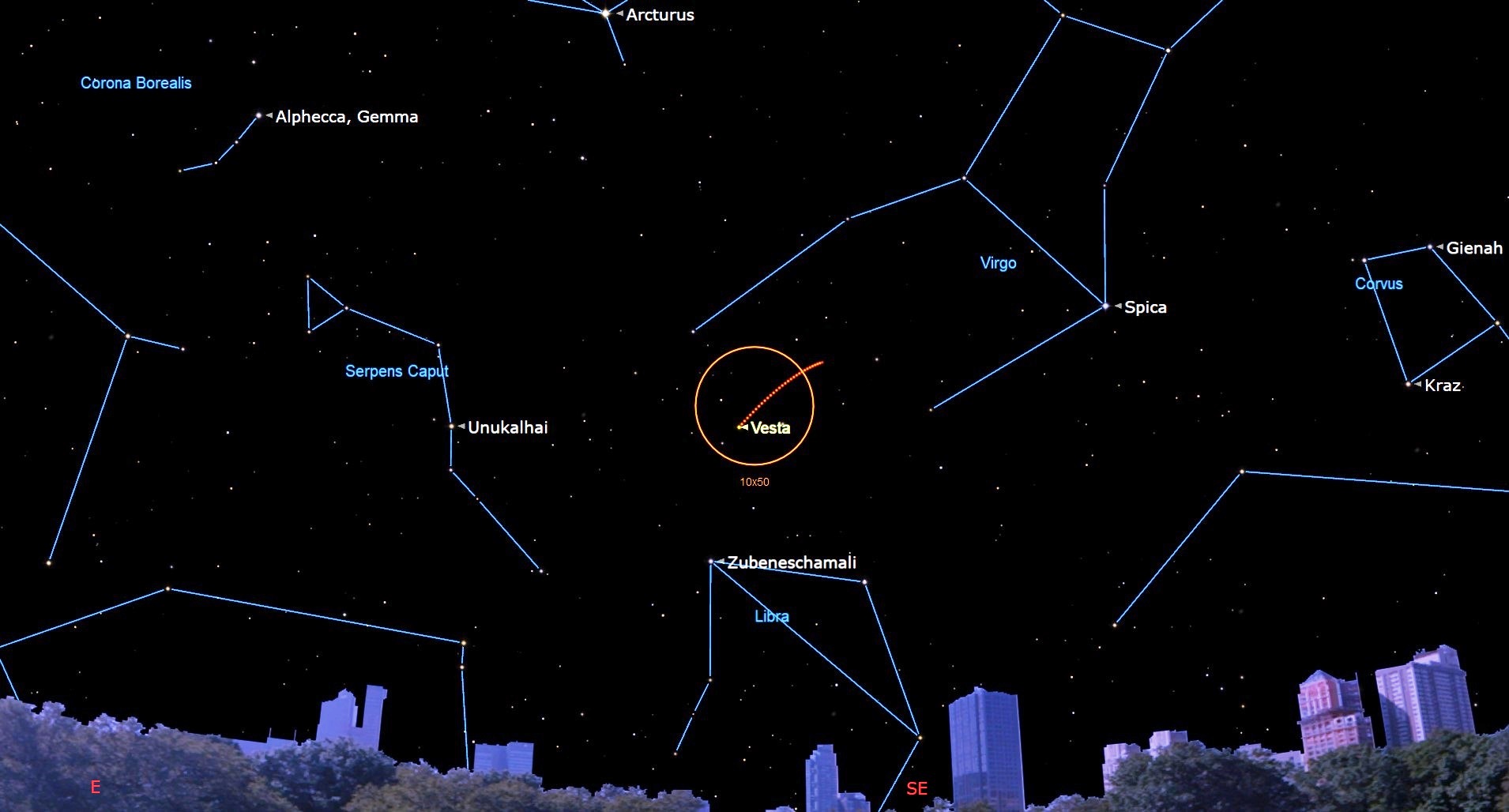 night sky map graphic showing the location of Vesta in the night sky above the constellation Libra.