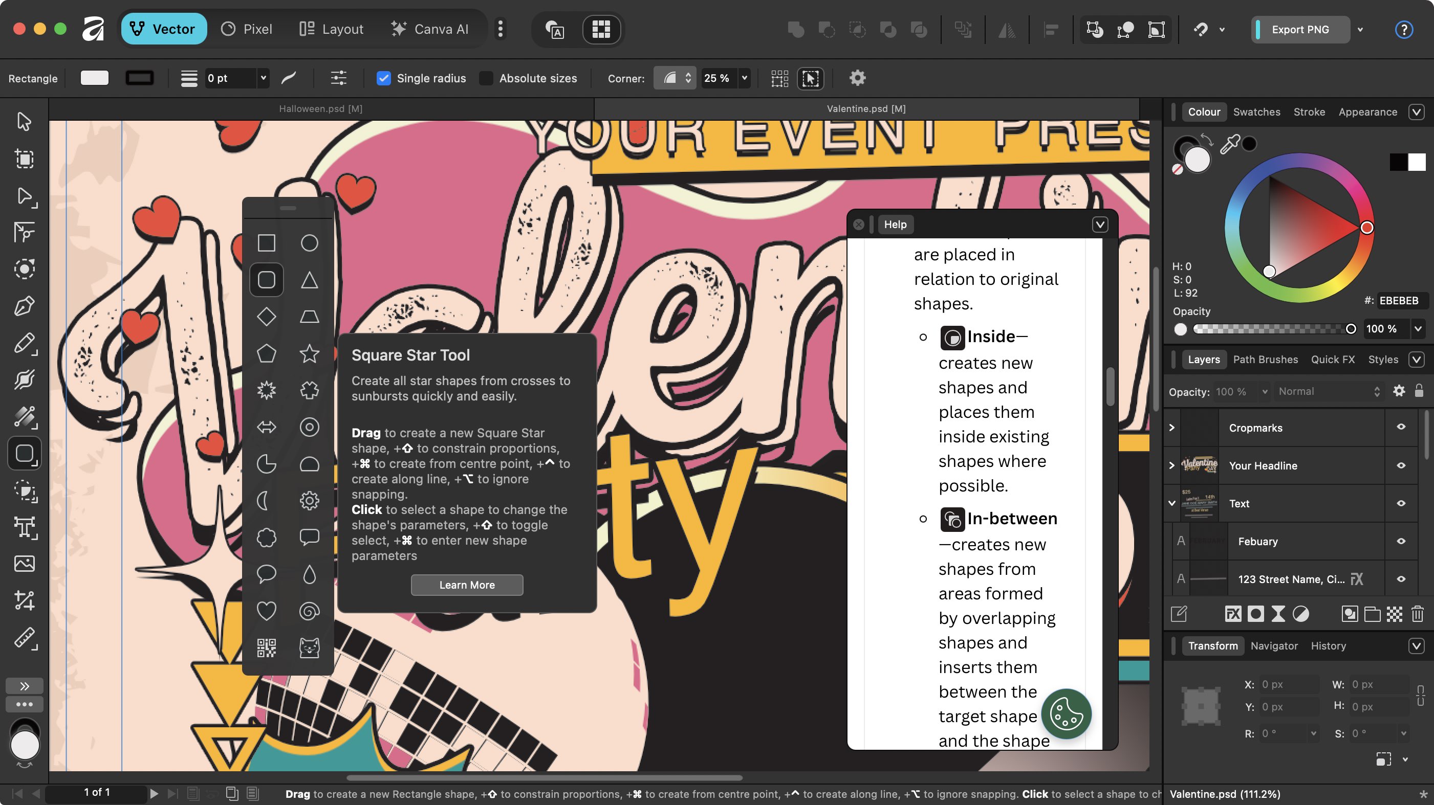 استخدام Affinity by Canva أثناء مراجعتنا، مع عرض أدوات التصميم أثناء العمل