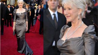 Dame Helen Mirren in a grey square neck dress at the Oscars