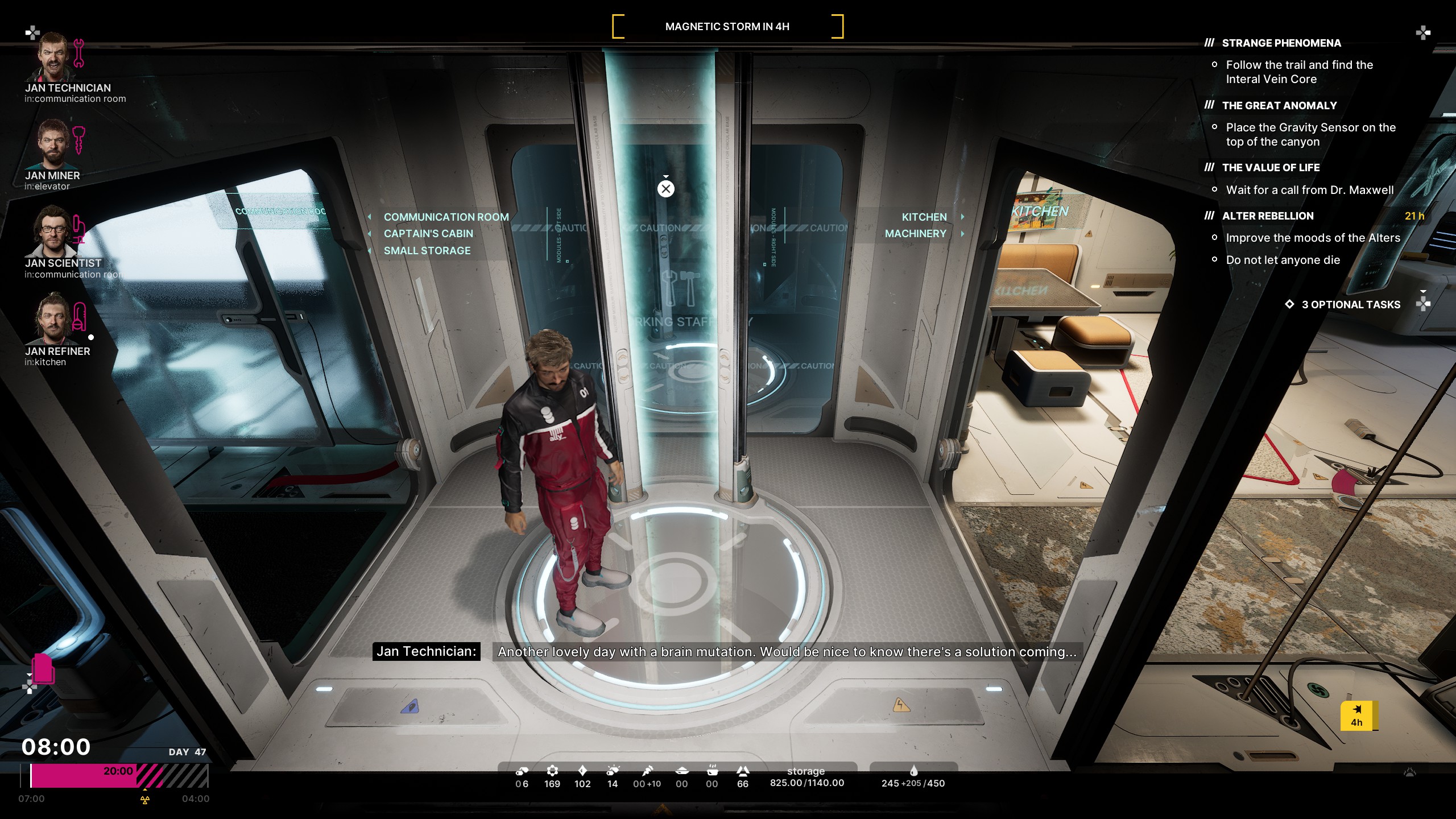 The Alters gameplay screenshot showing a clone saying "Another lovely day with a brain mutation. Would be nice to know when there's a solution coming..."