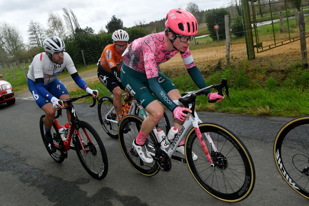 SABLESURSARTHE FRANCE APRIL 07 LR Paul Ourselin of France and Team Total Energie Tony Hurel of France and Team St Michel Auber 93 and Georg Steinhauser of Germany and Team EF Education Easypost compete in the breakaway during the 68th Circuit Cycliste Sarthe Pays de la Loire 2022 Stage 3 a 1765km stage from Sabl sur Sarthe to Sabl sur Sarthe CircuitSarthe on April 07 2022 in SablesurSarthe France Photo by Dario BelingheriGetty Images