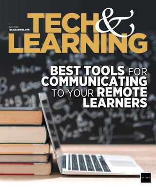 Cover of Tech & Learning's May issue: Laptop computer and books.