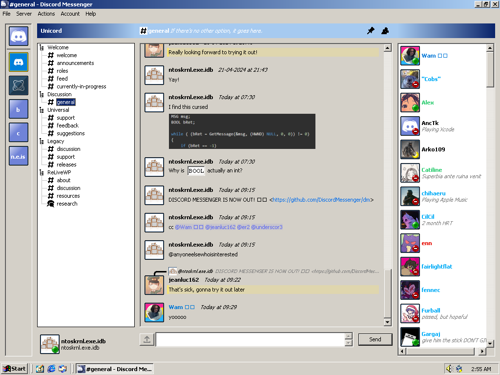 Screenshot of a third-party Discord client that makes the messenger appear in the style of a late 90s Windows program user interface