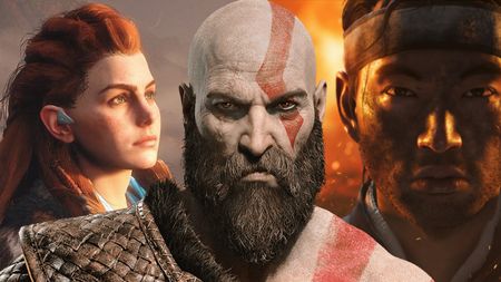 An illustration of Sony's past and future games, showing Aloy, Kratos, and the main character from Ghost of Tsushima.