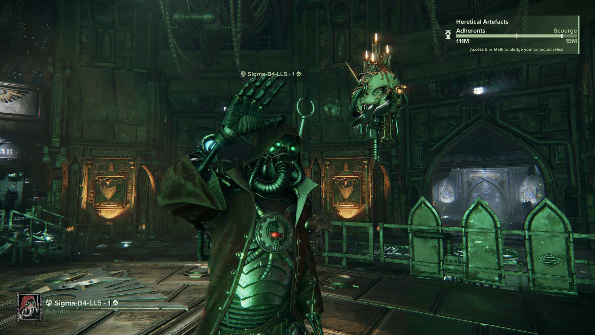 Darktide Skitarii called Sigma-B4-LL5 in the Mourningstar waving
