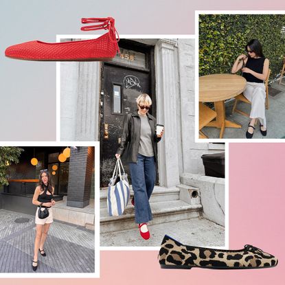 photo collage of rothy's wrap ballet flats, ballet flats, with photos of influencers wearing the mary jane flats overlaid on a pink gradient background