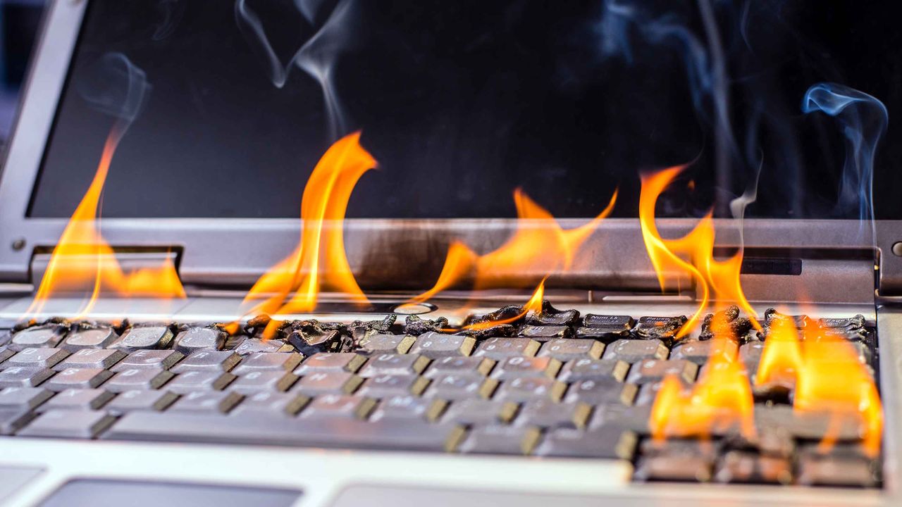 A laptop on fire