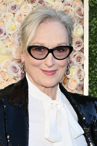 Meryl Streep is pictured with a voluminous single-strand hairstyle at the 81st Golden Globe Awards held at the Beverly Hilton Hotel on January 7, 2024 in Beverly Hills, California.