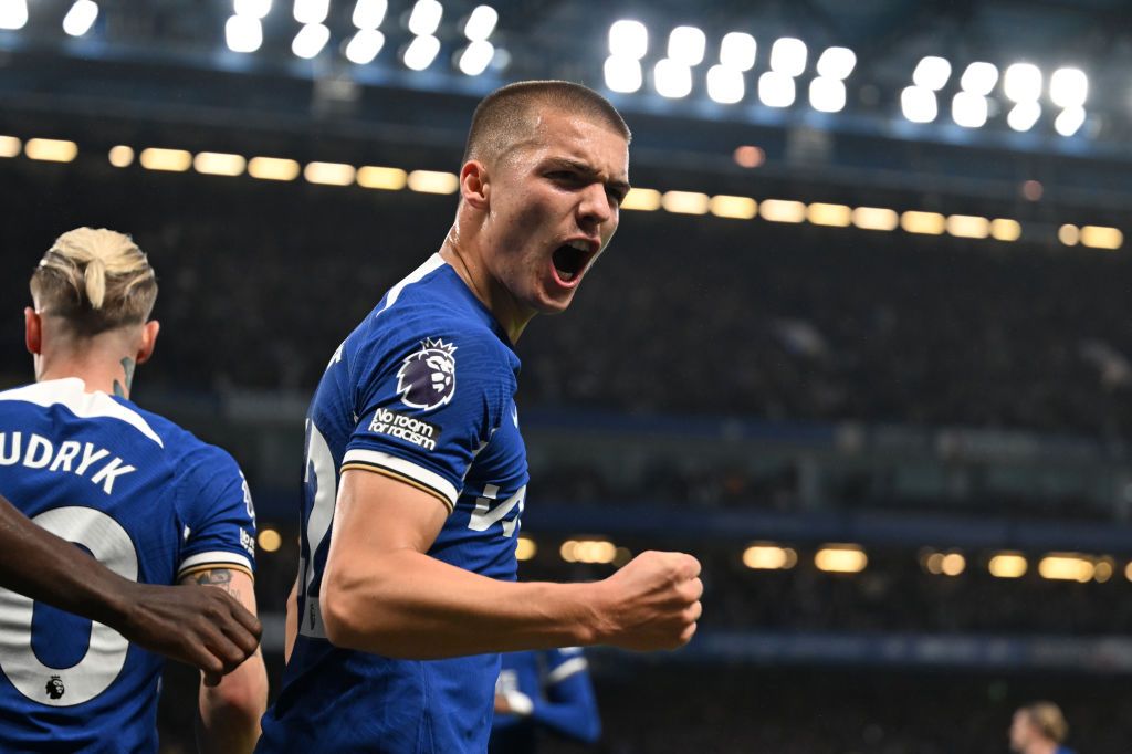 Alfie Gilchrist of Chelsea celebrates after Trevoh Chalobah (not pictured) scores his team&#039;s first goal during the Premier League match between Chelsea FC and Tottenham Hotspur at Stamford Bridge on May 02, 2024 in London, England. 