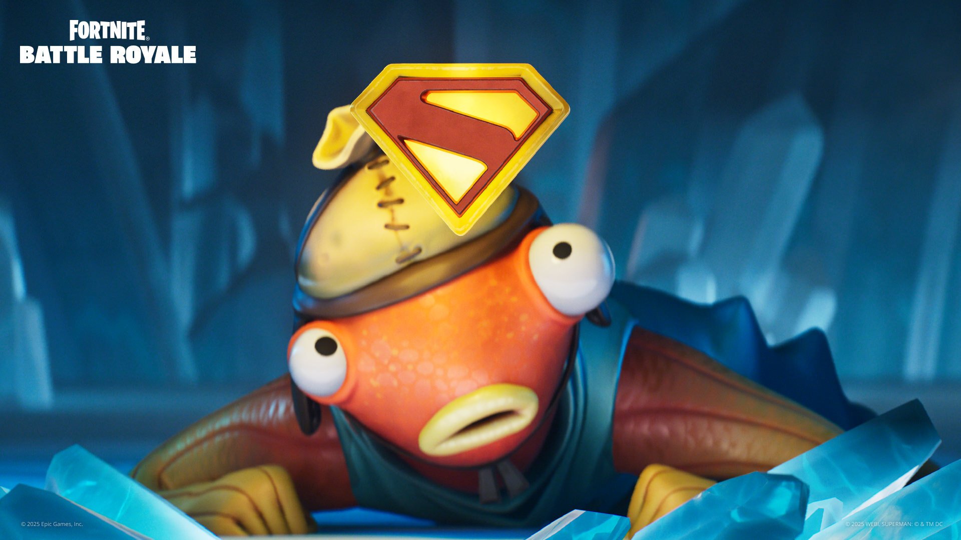 Fish Stick looking up at a Superman logo
