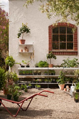 wide set of garden storage shelves from String furniture with plants on