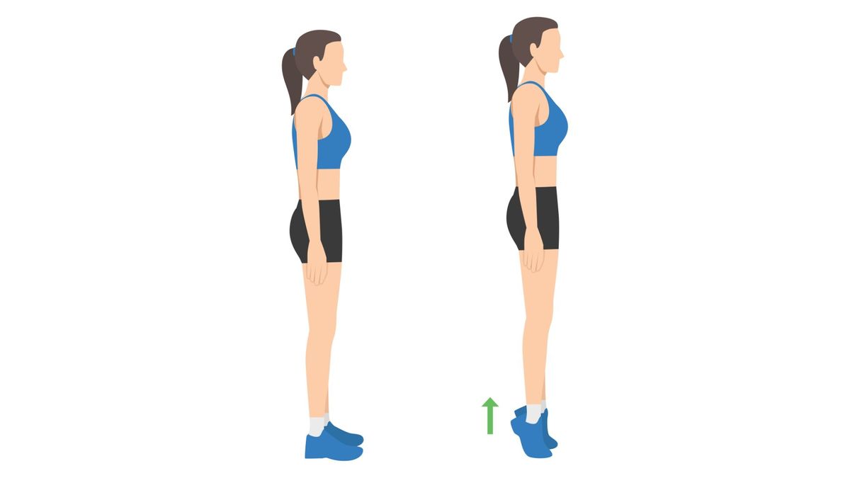 Illustration of a woman performing dumbbell calf raises, shown with feet flat in the starting position and raised onto the toes in the finishing position.