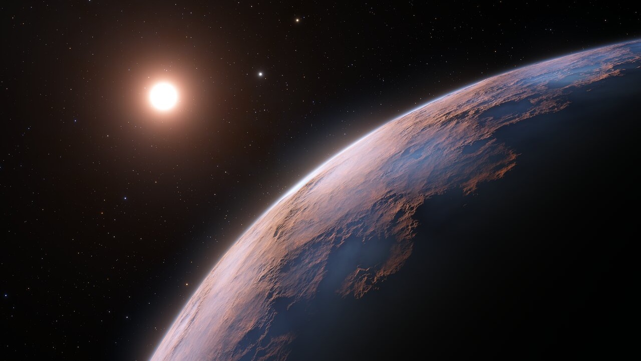 An Earth-like world with a sun-like star in the background is seen in this illustration.