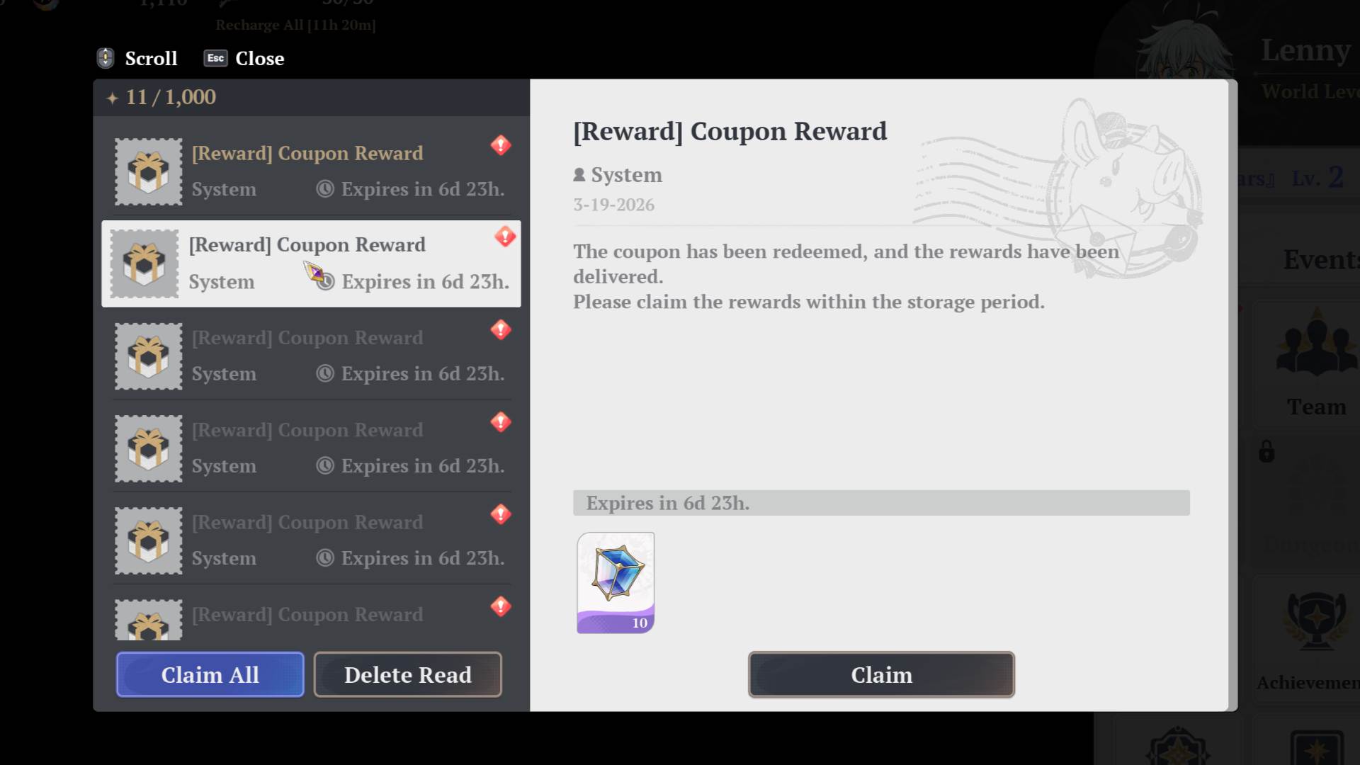 The Seven Deadly Sins Origin mailbox menu displaying code rewards mail