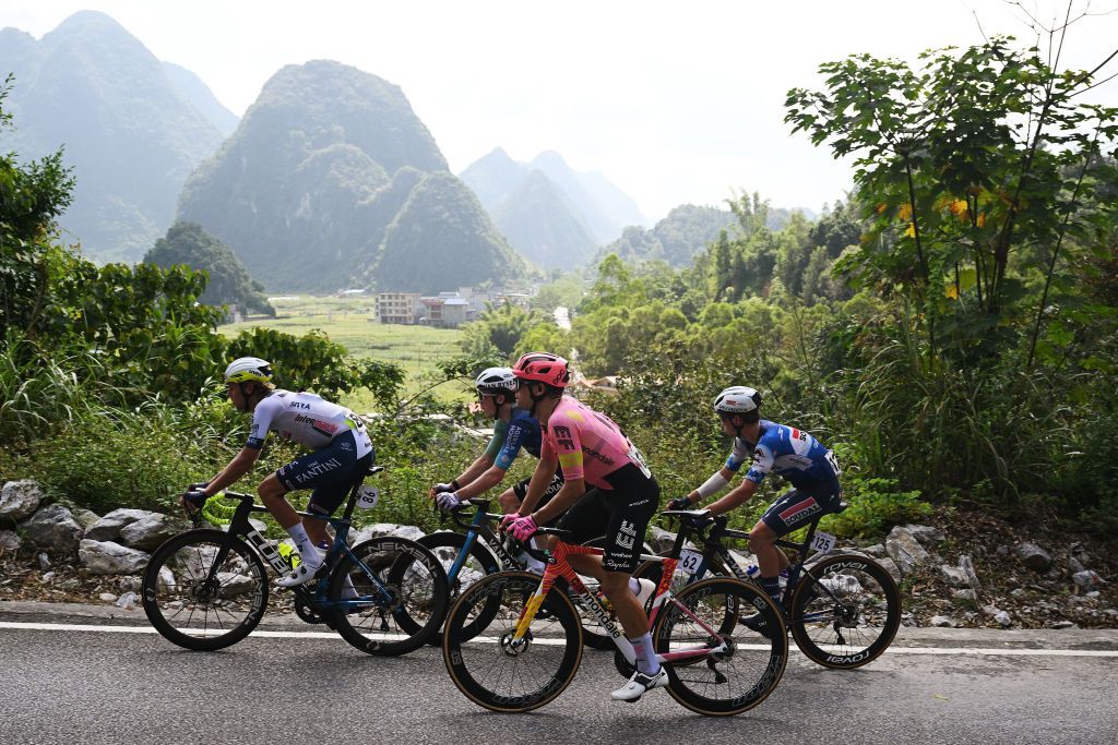 JINCHENGJIANG CHINA OCTOBER 18 LR Taco Van Der Hoorn of The Netherlands and Team Intermarche Wanty Stan Dewulf of Belgium and Decathlon AG2R La Mondiale Team Stefan Bissegger of Switzerland and Team EF Education EasyPost and Pepijn Reinderink of The Netherlands and Team Soudal QuickStep compete in the breakaway during the 5th GreeTour Of Guangxi 2024 Stage 3 a 1768km stage from Bama to Jinchengjiang UCIWT on October 18 2024 in Jinchengjiang China Photo by Dario BelingheriGetty Images