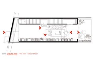 Interiors spread across four levels. A void runs through each floor. 