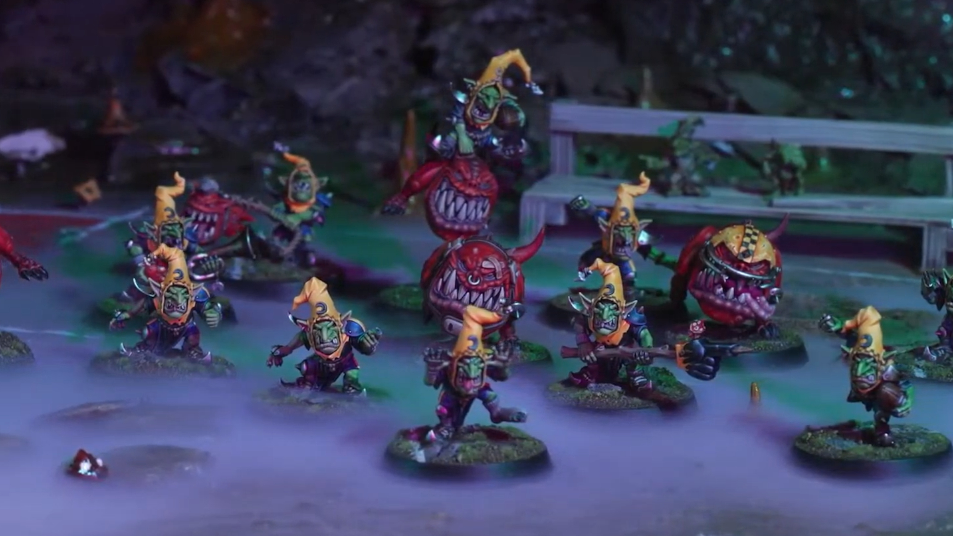 Night Goblin Blood Bowl team on a misty battlefield