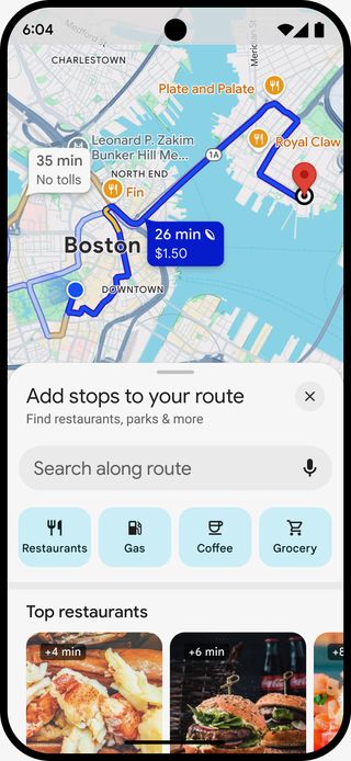 Screenshot showing the "Add stops to your route" option for finding restaurants, gas stations, and other things along a planned route in Google Maps.