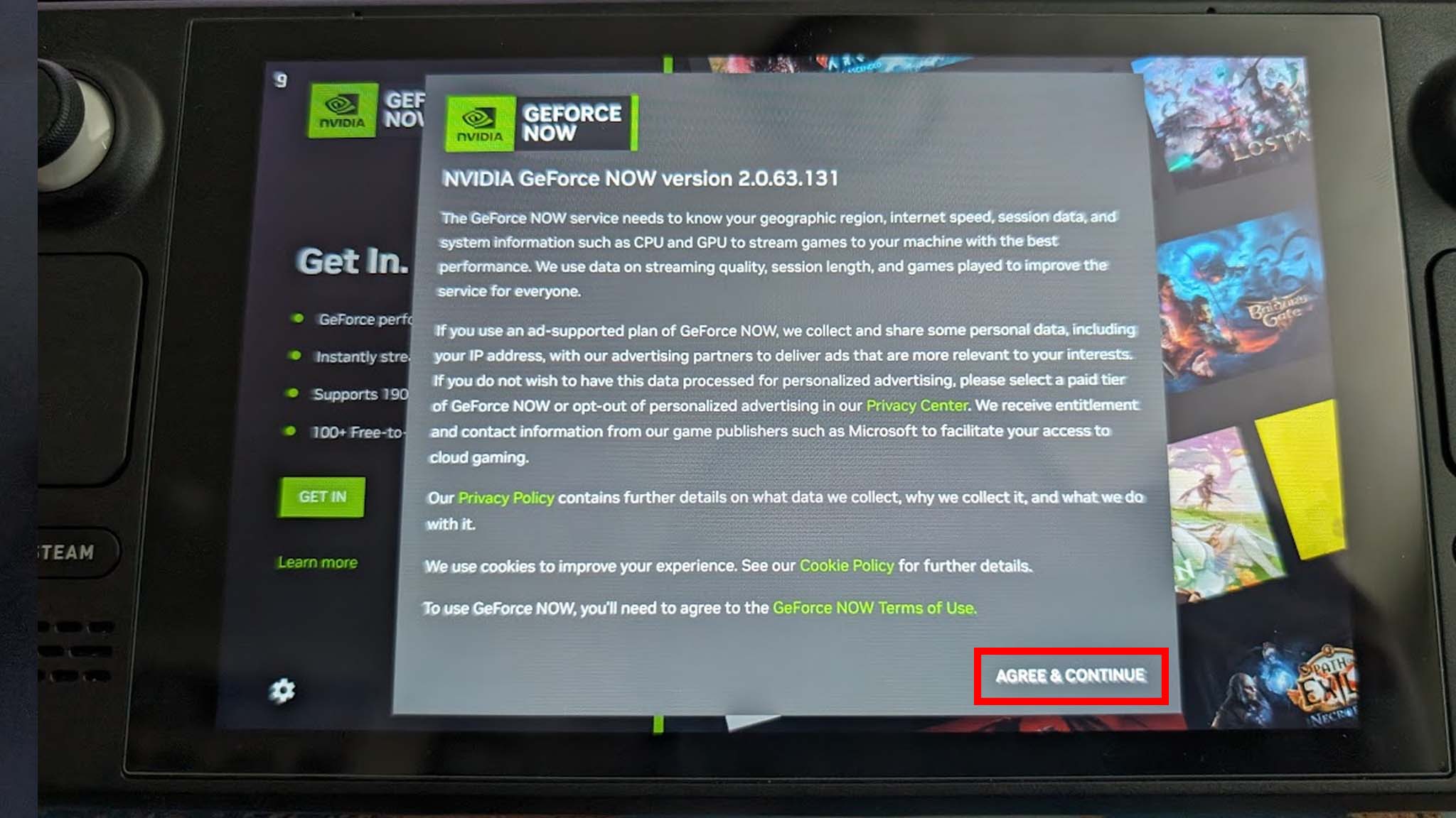 Install NVIDIA GeForce Now on Steam Deck: Select agree and continue.