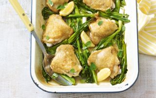 Spring chicken tray bake with green vegetables, low calorie meals