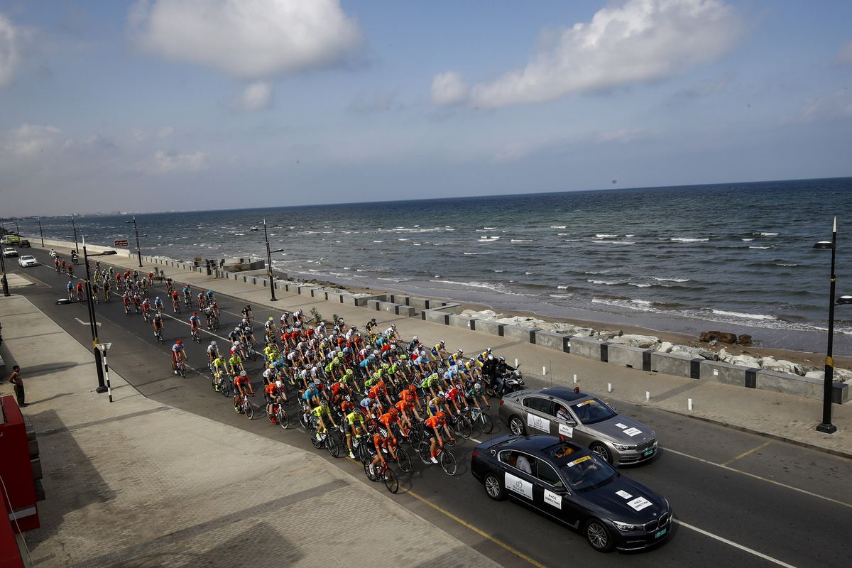 The peloton rolls out for stage 3 of the Tour of Oman