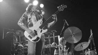 Bassist-singer John Wetton and drummer Bill Bruford perform with King Crimson in New York, 1974.