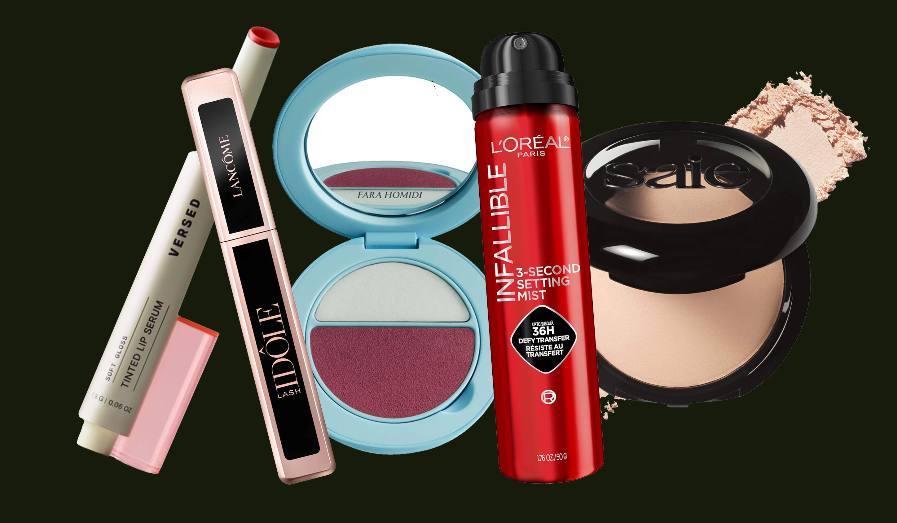 collage of mascara, blush, powder, spray, and lipstick