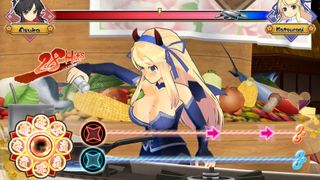 A busty anime lady in a corset cooking food