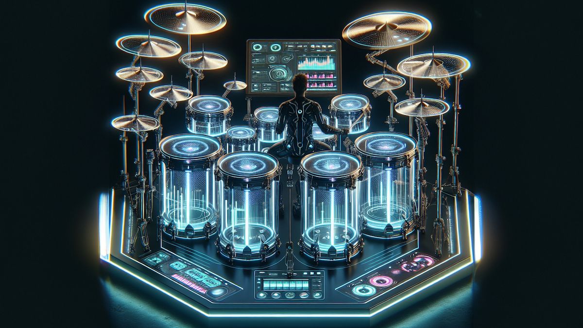 Futuristic image of a drum set covered in neon lights and a drummer looking at a large screen